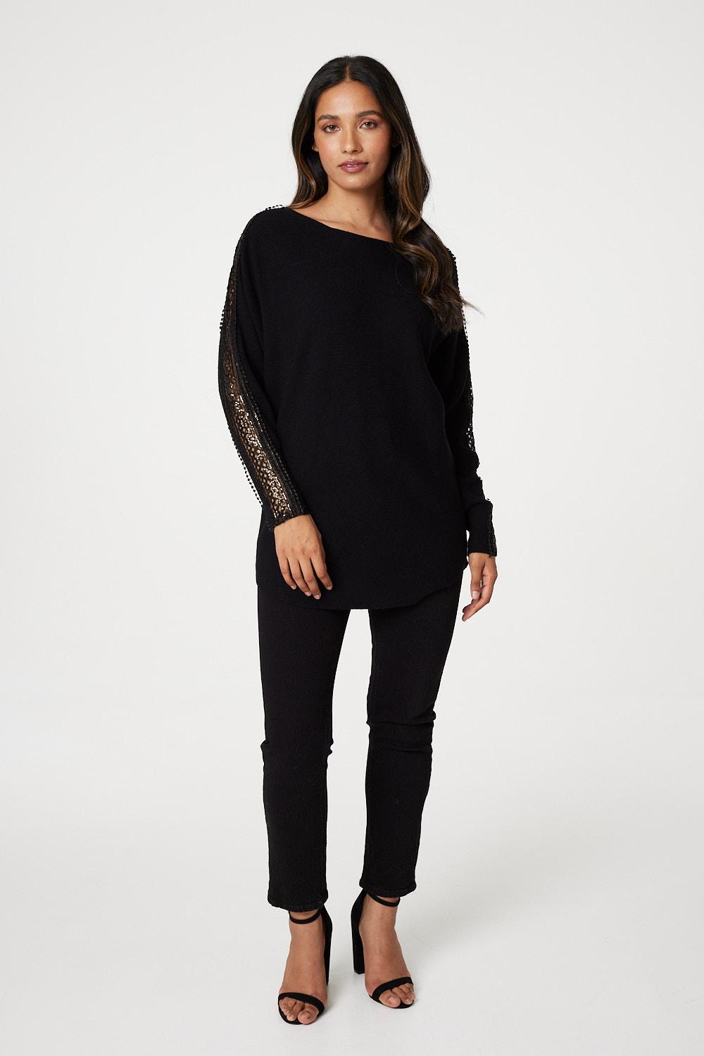 Black | Sequin and Lace Sleeve Knit Pullover