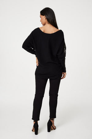 Black | Sequin and Lace Sleeve Knit Pullover