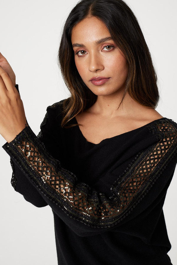 Black | Sequin and Lace Sleeve Knit Pullover