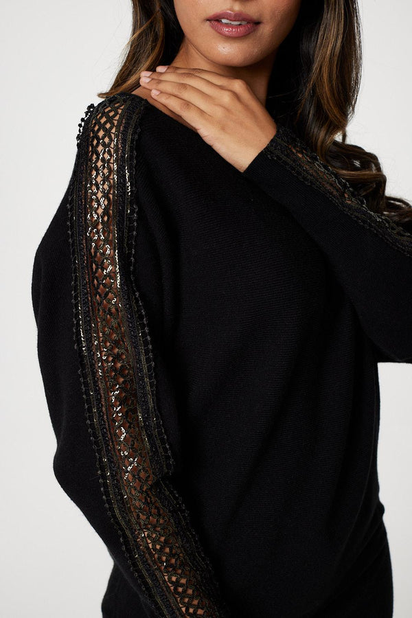 Black | Sequin and Lace Sleeve Knit Pullover