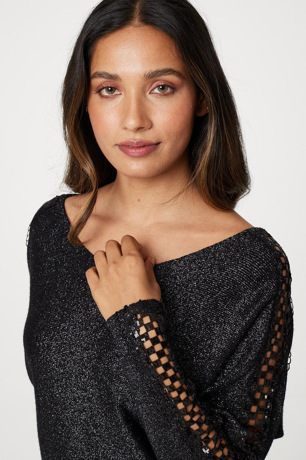 Black | Metallic Lace Sleeve Knit Pullover