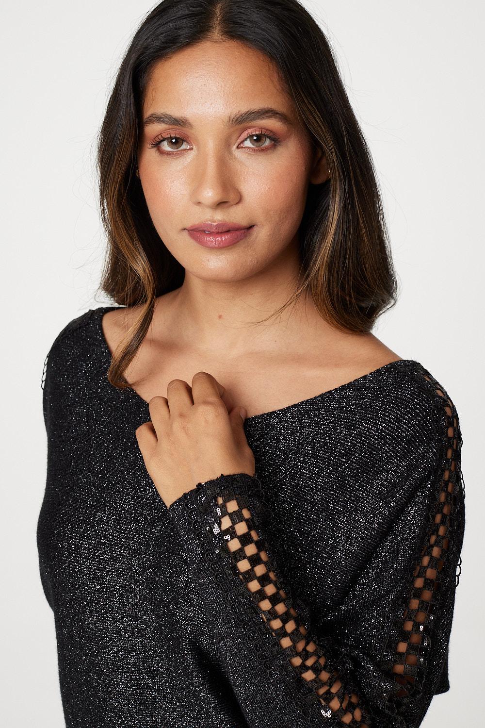 Black | Lace Sleeve Relaxed Fit Knit Top