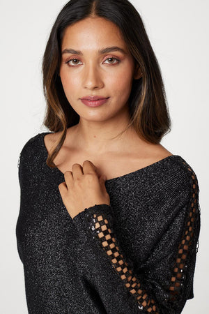Black | Lace Sleeve Relaxed Fit Knit Top