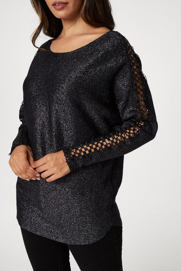 Black | Metallic Lace Sleeve Knit Pullover