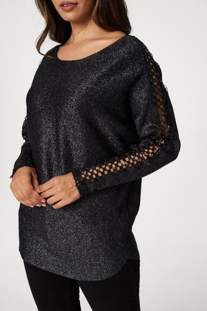 Black | Lace Sleeve Relaxed Fit Knit Top