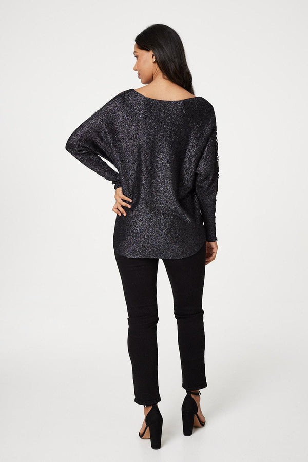 Black | Metallic Lace Sleeve Knit Pullover