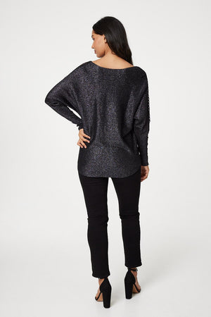 Black | Lace Sleeve Relaxed Fit Knit Top