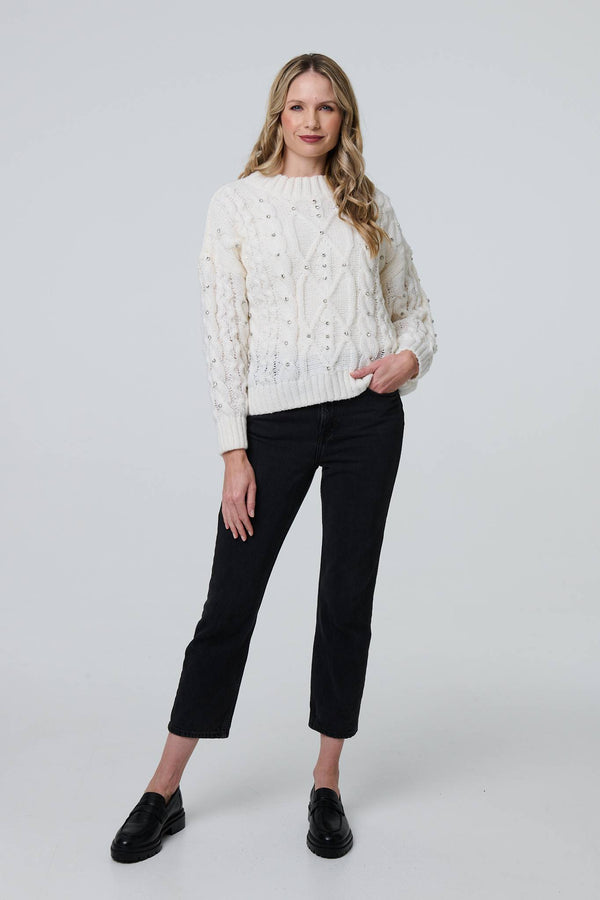 White | Sequin Embellished Cable Knit Jumper : Model is 5'10"/178 cm and wears UK10/EU38/US6/AUS10
