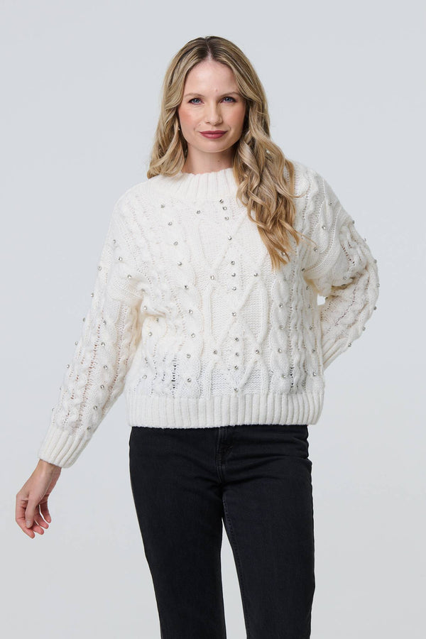 White | Sequin Embellished Cable Knit Jumper
