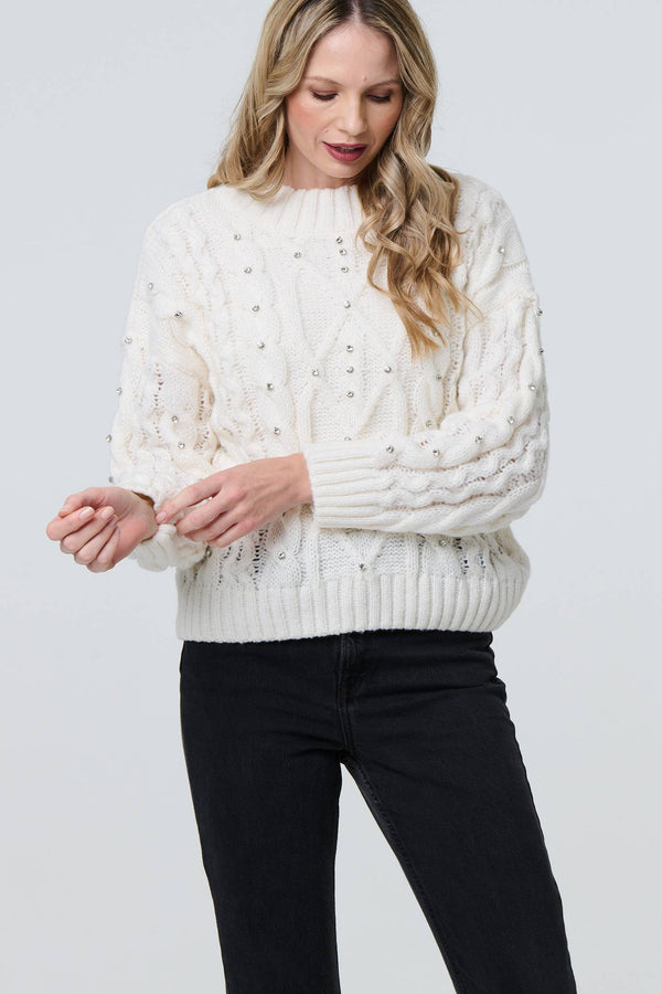 White | Sequin Embellished Cable Knit Jumper

