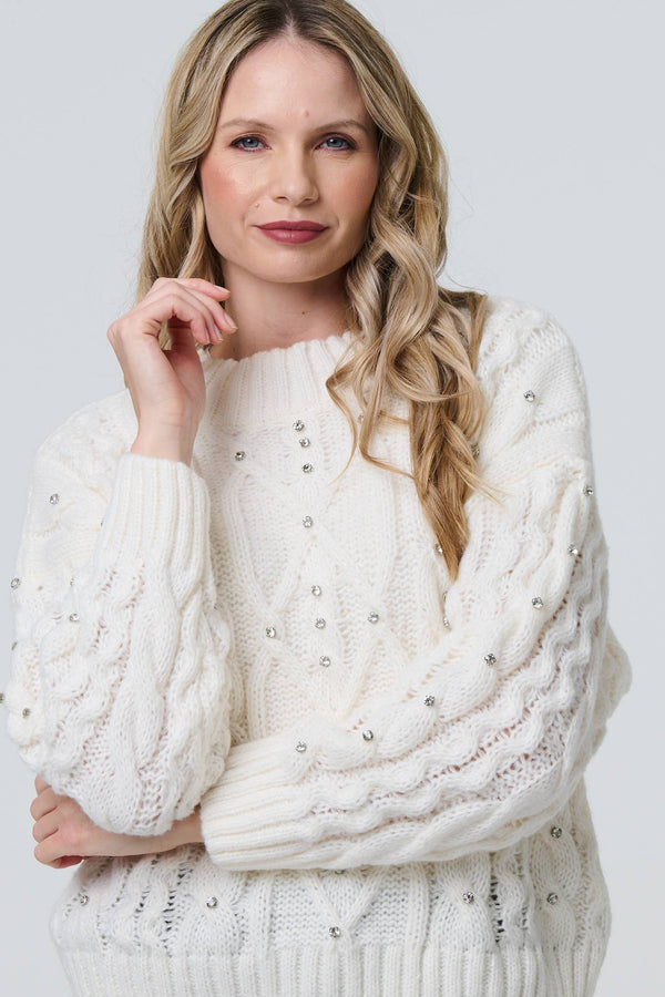 White | Sequin Embellished Cable Knit Jumper
