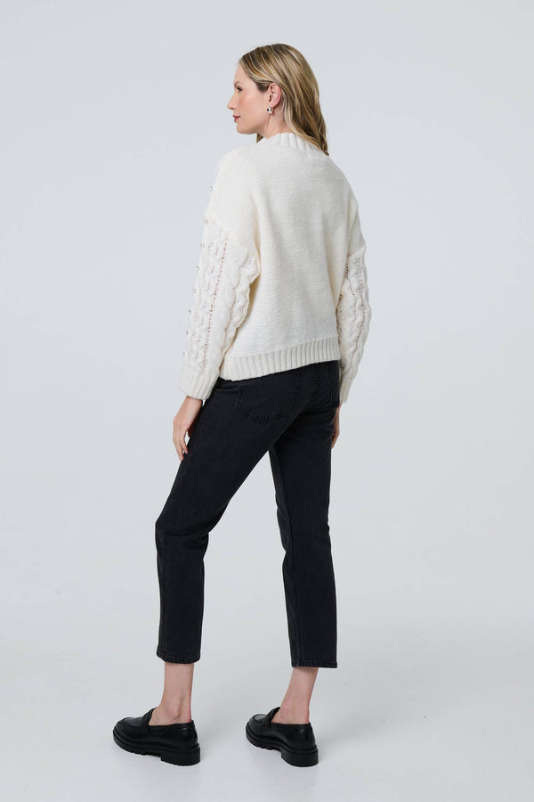 White | Sequin Embellished Cable Knit Jumper
