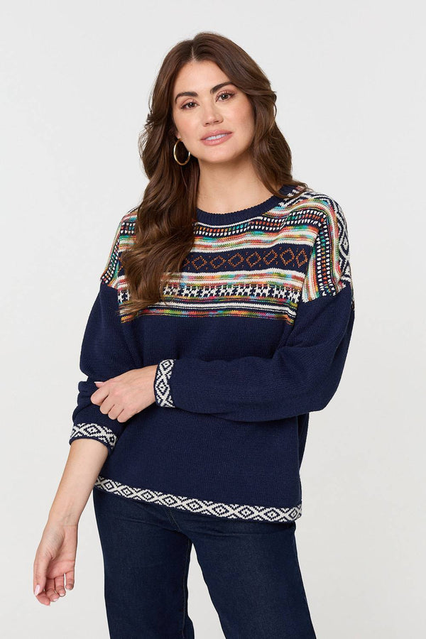 Navy | Ikat Print Drop Shoulder Jumper

