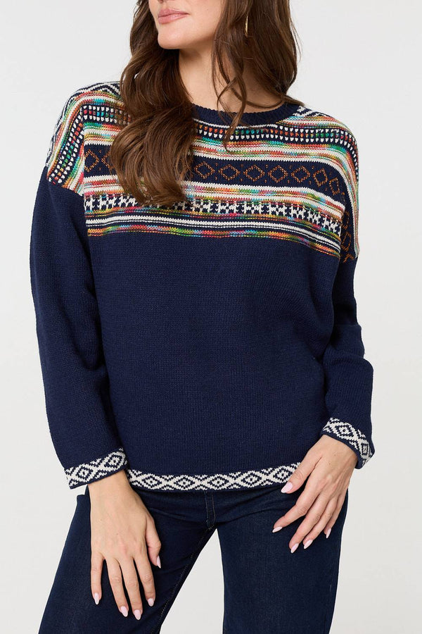 Navy | Ikat Print Drop Shoulder Jumper
