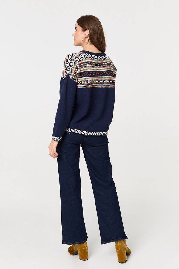 Navy | Ikat Print Drop Shoulder Jumper
