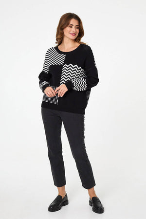 Black | Geo Print Drop Shoulder Relaxed Jumper
