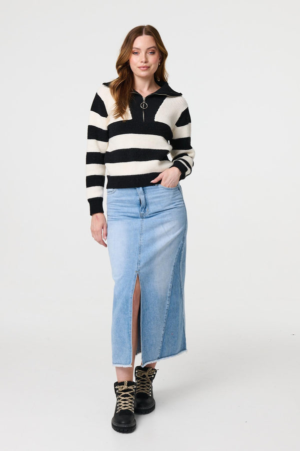 White | Striped Knit 1/4 Zip High Neck Pullover
