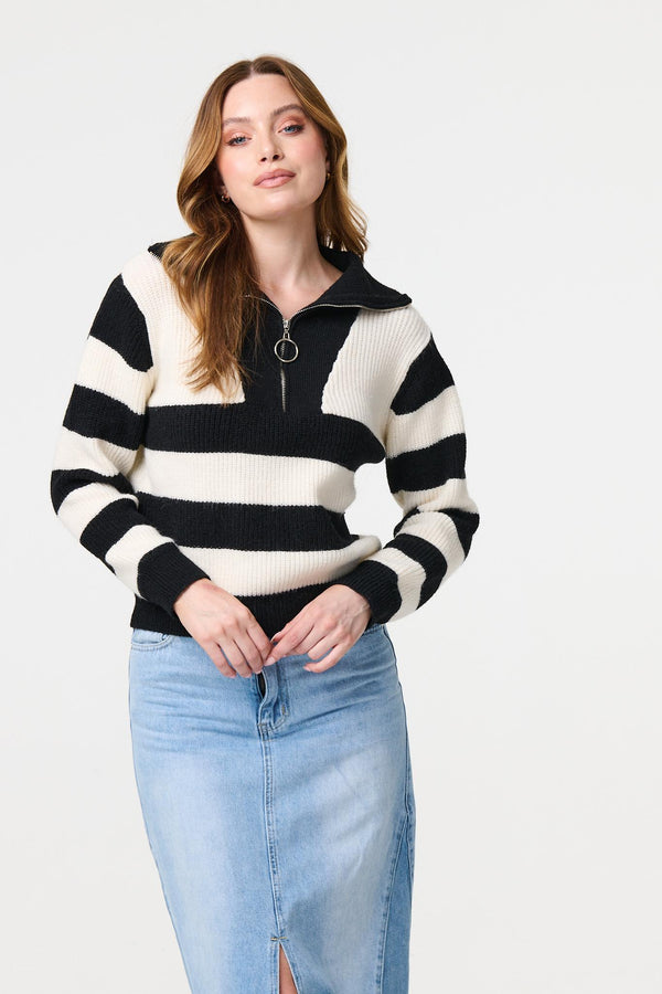 White | Striped Knit 1/4 Zip High Neck Pullover
