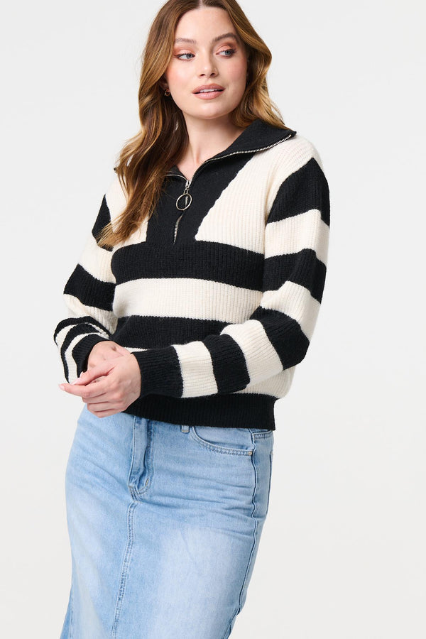 White | Striped Knit 1/4 Zip High Neck Pullover
