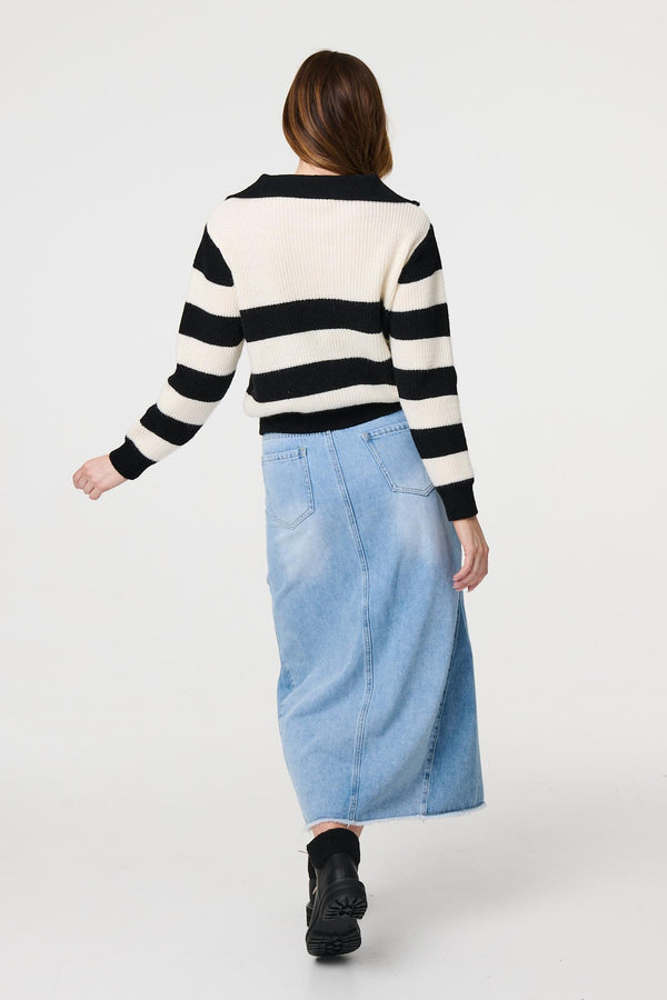 White | Striped Knit 1/4 Zip High Neck Pullover
