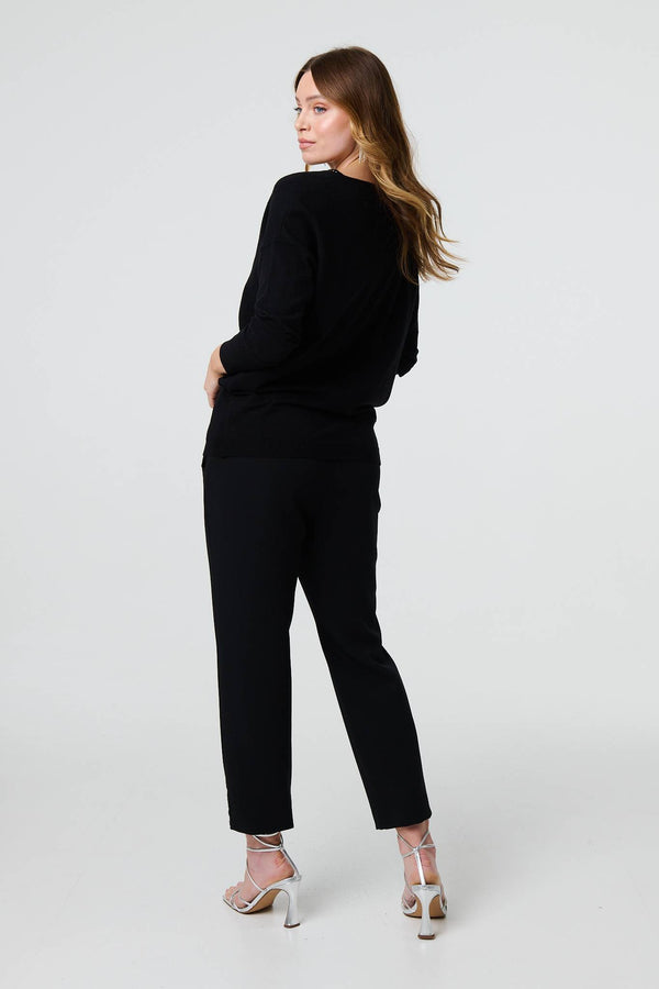 Black | Sequin Mesh V-Neck Knitted Top
