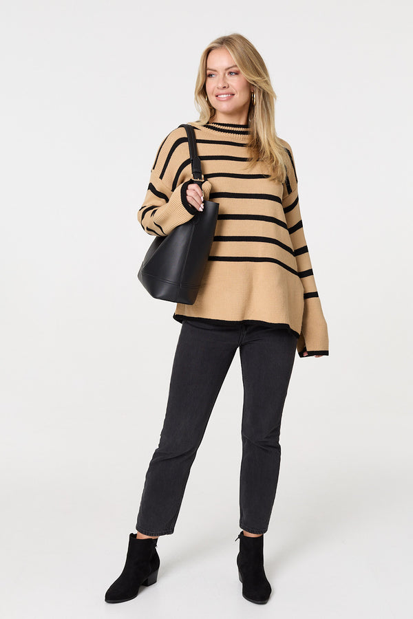 Beige | Striped Flare Sleeve Roll Neck Jumper : Model is 5'10"/178 cm and wears UK8/EU36/US4/AUS8
