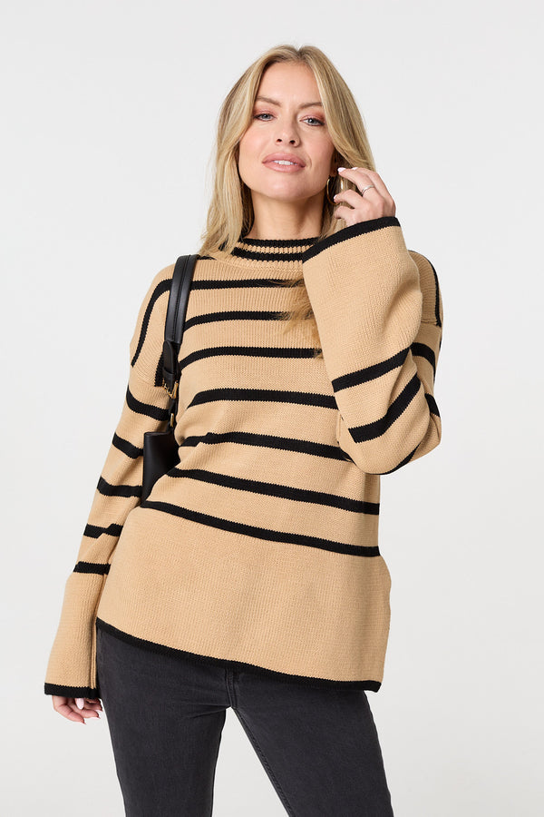 Beige | Striped Flare Sleeve Roll Neck Jumper
