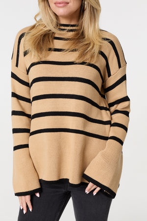 Beige | Striped Flare Sleeve Roll Neck Jumper
