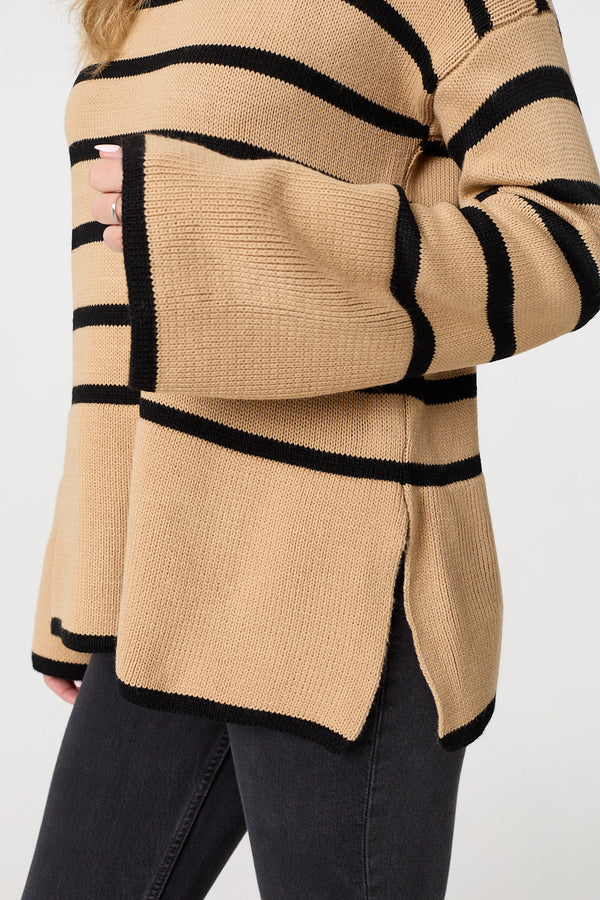 Beige | Striped Flare Sleeve Roll Neck Jumper
