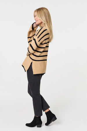 Beige | Striped Flare Sleeve Roll Neck Jumper
