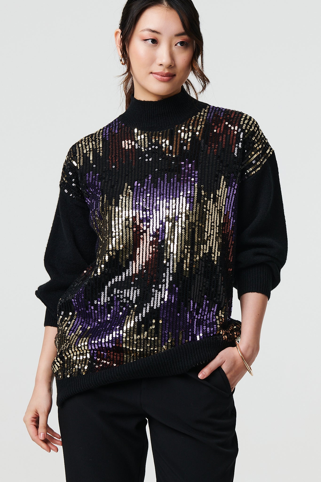 Sequin Embellished Puff Sleeve Jumper | Izabel London
