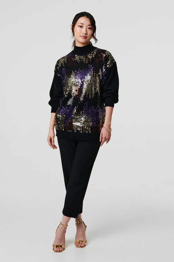 Black | Sequin Embellished Puff Sleeve Jumper
