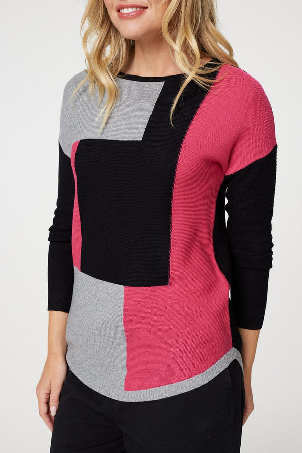 Black | Colour Block Relaxed Knit Pullover
