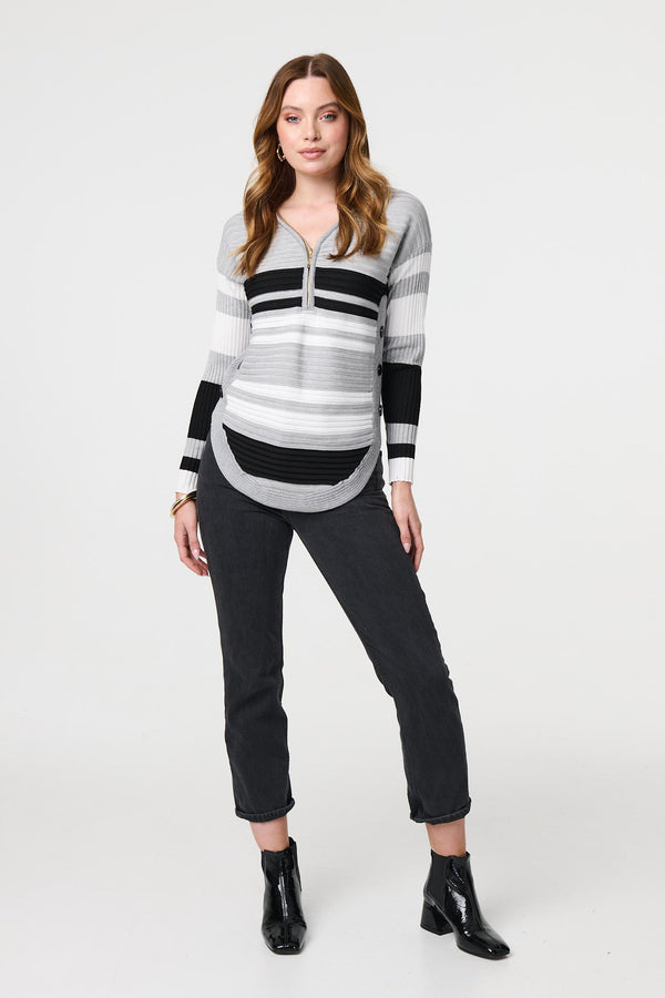 Grey| Striped Zip Front Knit Pullover