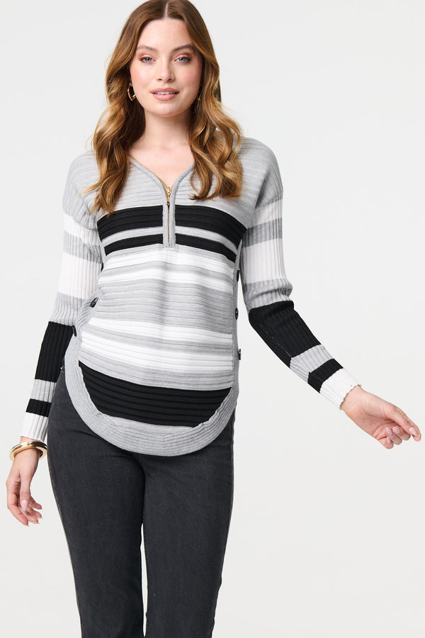 Grey | Striped Zip Front Knit Pullover