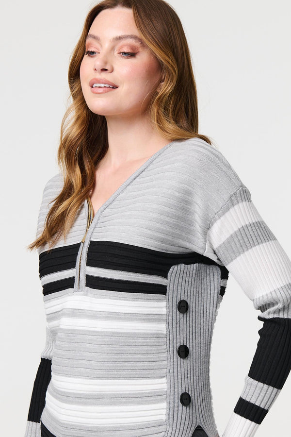 Grey| Striped Zip Front Knit Pullover