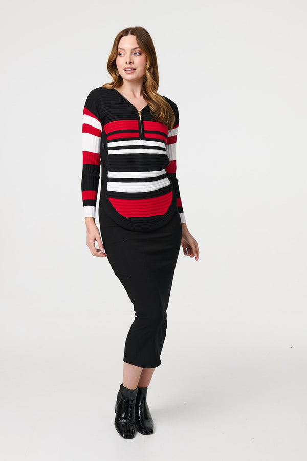 Red | Striped Zip Front Knit Pullover