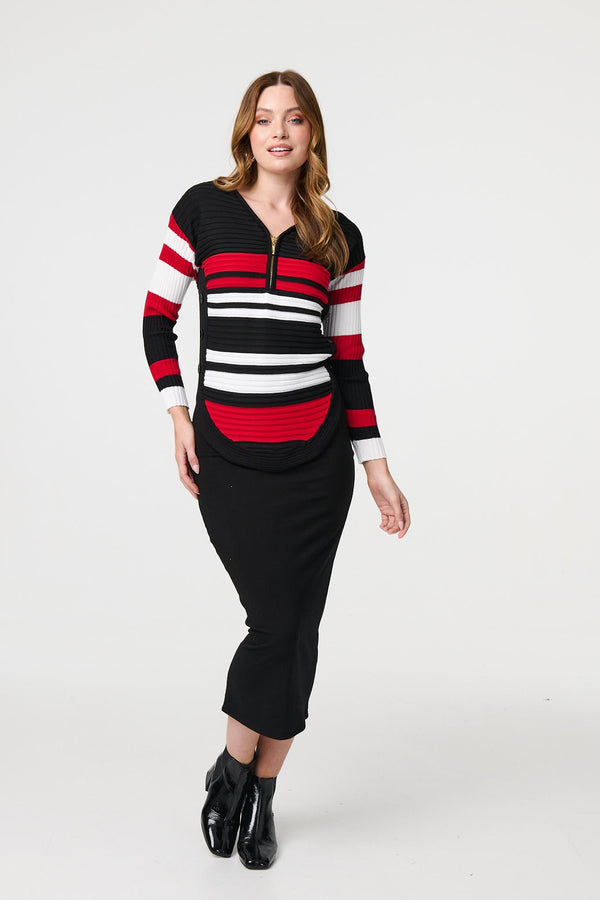 Red | Striped Zip Front Knit Pullover
