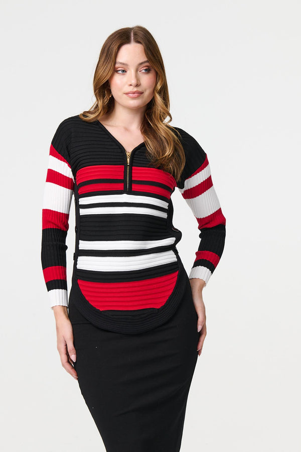 Red | Striped Zip Front Knit Pullover