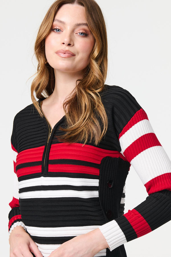 Red | Striped Zip Front Knit Pullover