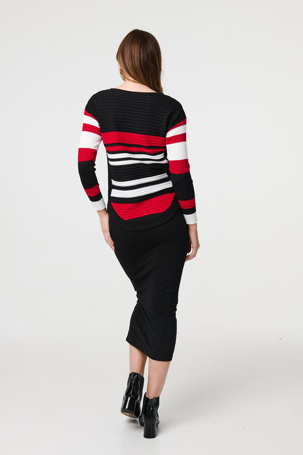 Red | Striped Zip Front Knit Pullover
