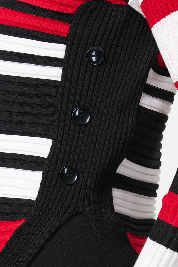 Red | Striped Zip Front Knit Pullover