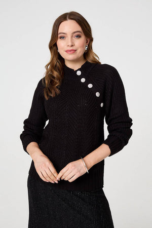 Black | Textured Knit Button Detail Jumper
