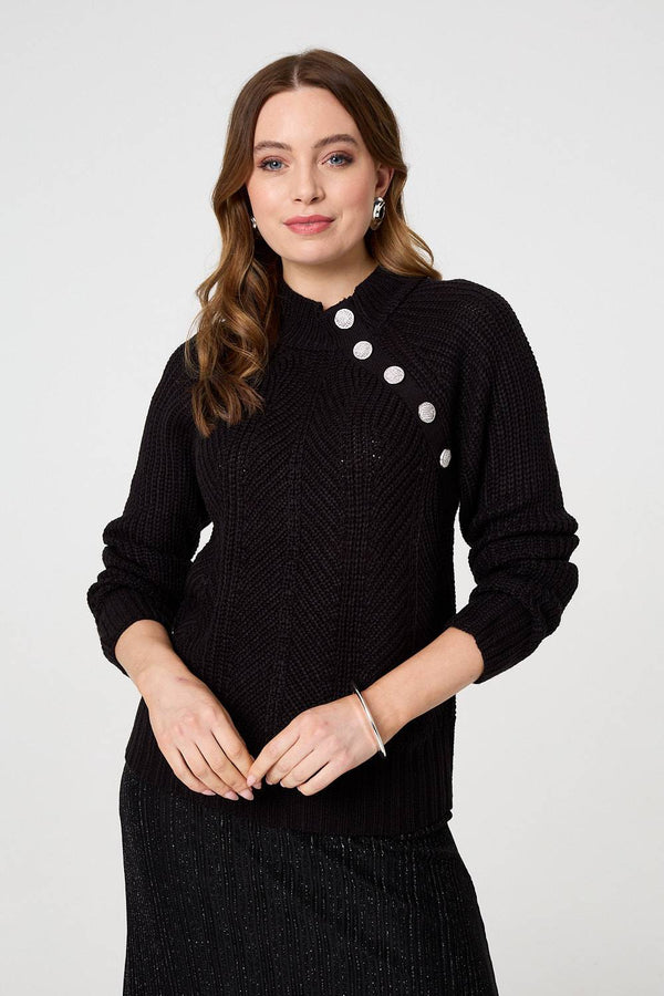 Black | Textured Knit Button Detail Jumper

