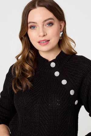 Black | Textured Knit Button Detail Jumper
