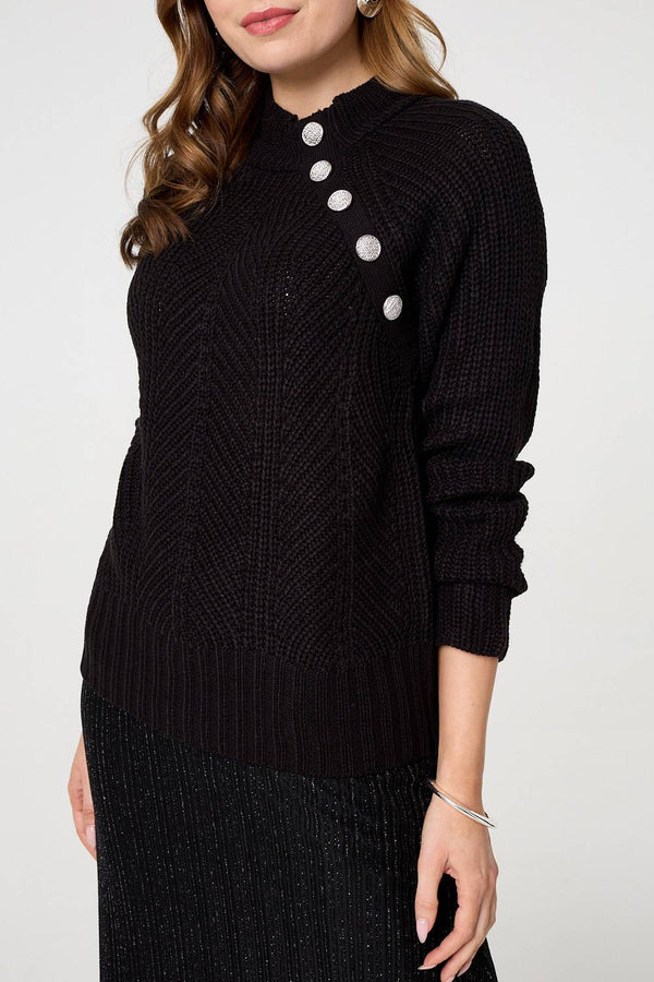 Black | Textured Knit Button Detail Jumper
