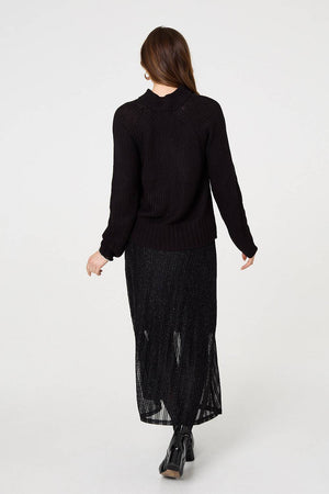 Black | Textured Knit Button Detail Jumper
