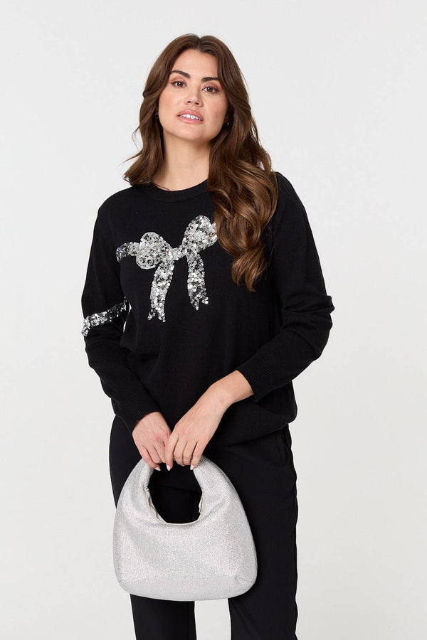 Black | Sequin Bow Print Long Sleeve Jumper : Model is 5'9"/175 cm and wears UK10/EU38/US6/AUS10
