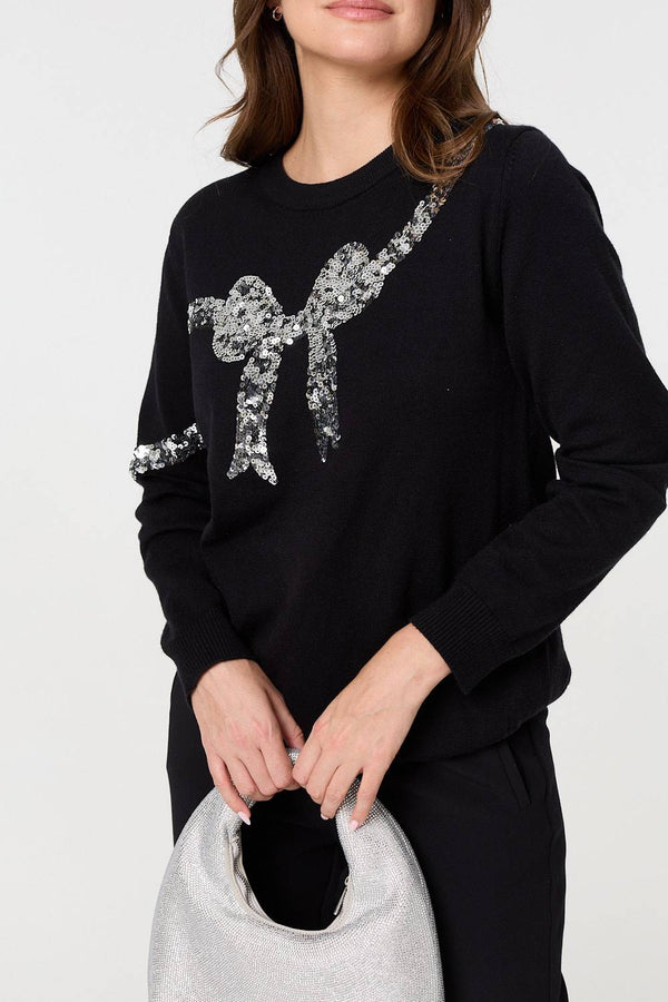Black | Sequin Bow Print Long Sleeve Jumper
