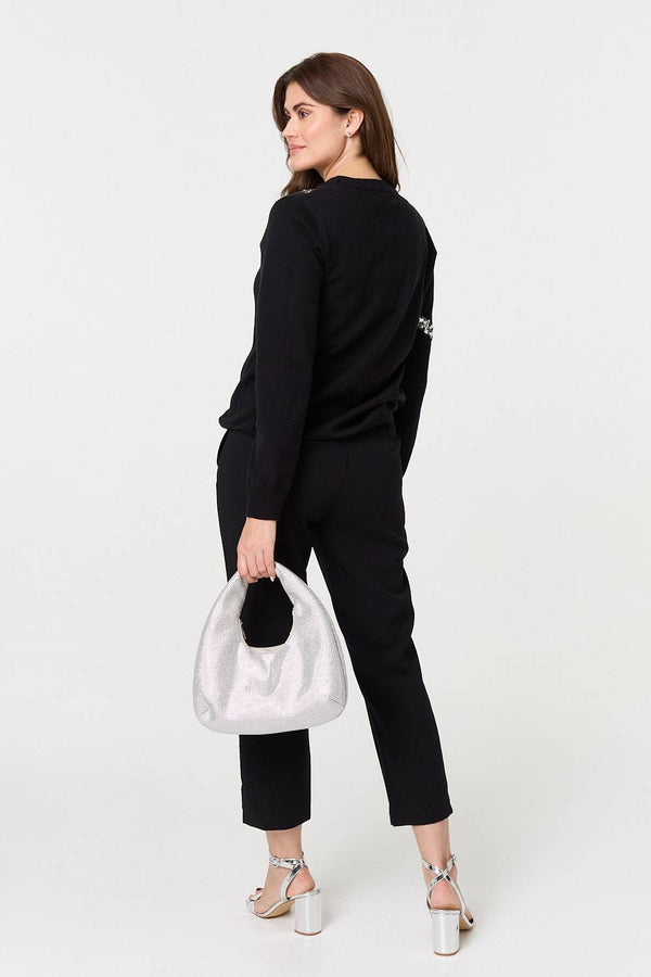 Black | Sequin Bow Print Long Sleeve Jumper
